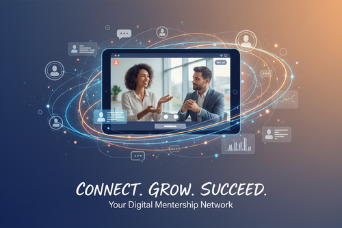 Virtual mentorship session with network connection visuals and digital platform elements